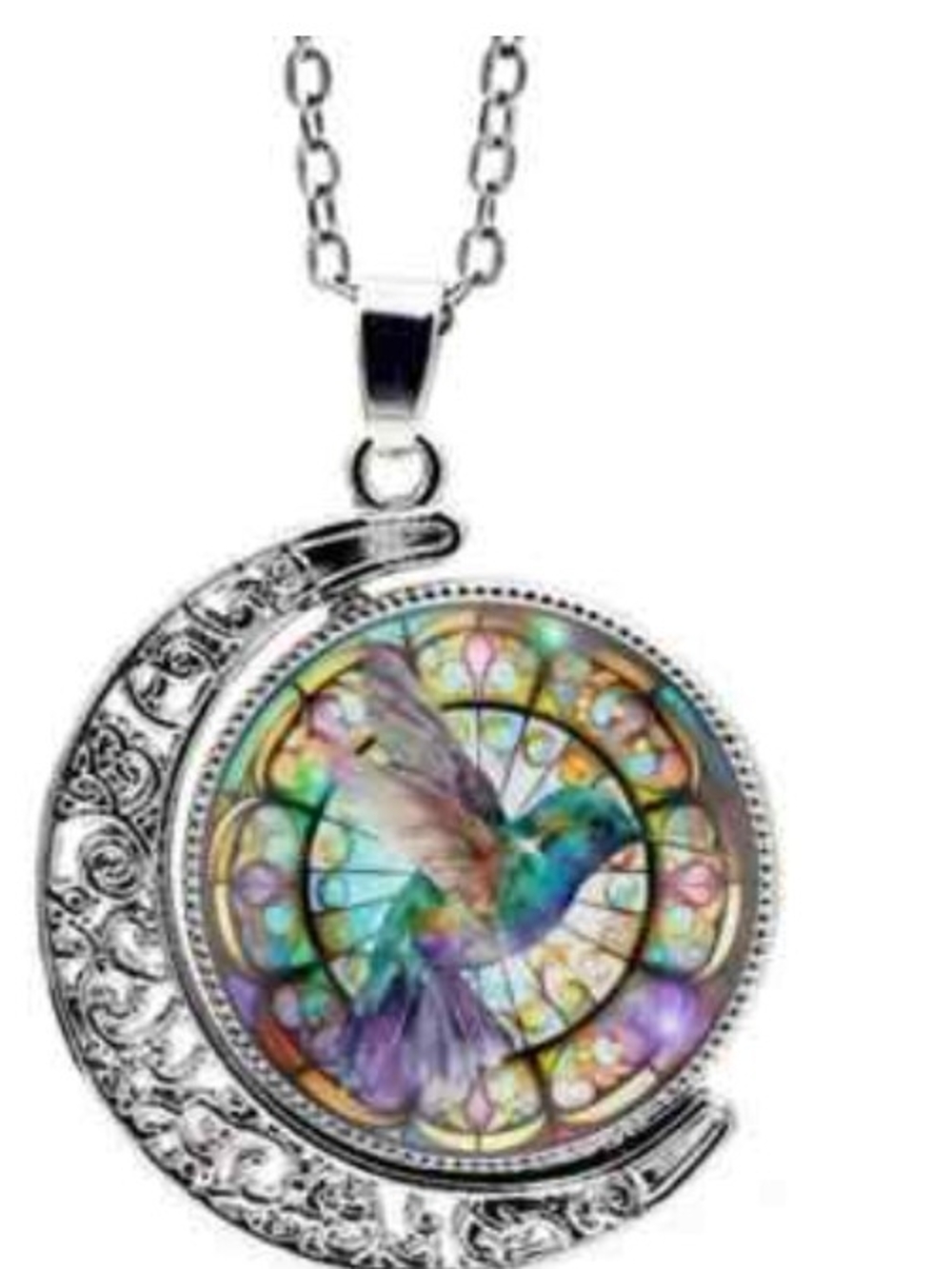 Silver Crescent Hummingbird Rotating Pendant Necklace - Multicolor
